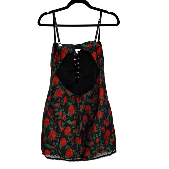 For Love & Lemons Black & Red Rose Print Mini Dress Size Med Lace-Up WhimsiGoth - Picture 2 of 12